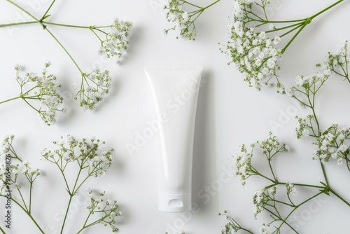 Blank Cosmetic Tube on Textured White Background with Natural Elements