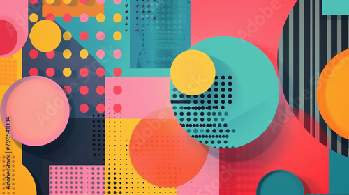 Grid polka dot backdrop with vibrant geometric shapes in