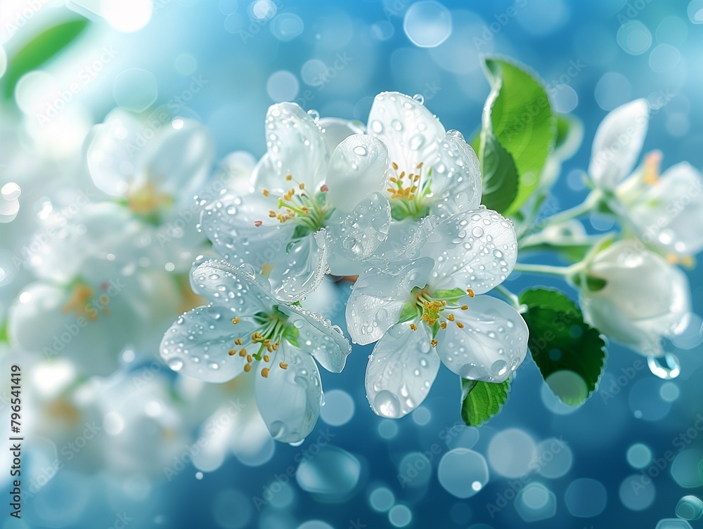 Wonderful white apple tree blossoming, close up, blue sky, dew drops.