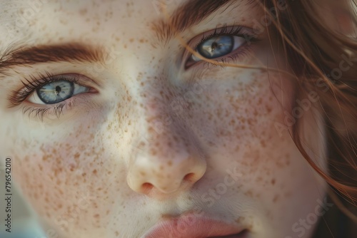 The Freckled Nose: A Charming Constellation on Her Face. Concept Portrait Photography, Natural Beauty, Freckled Features, Close-Up Shots photo