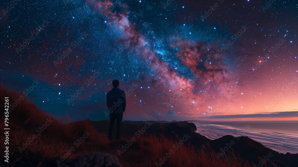 Majestic Starry Sky and Solitary Figure Gazing at Galaxy