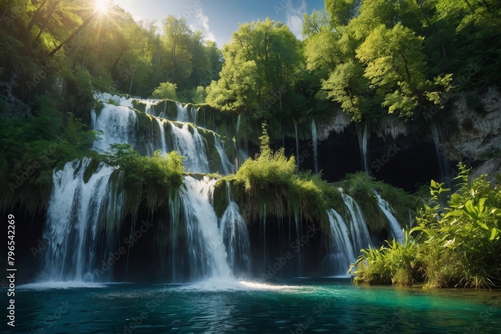 Exotic waterfall and lake