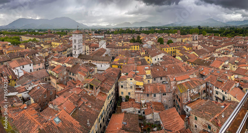 An aerial panoramic view of Lucca in Toskany, Italy during storm photo