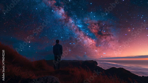 Majestic Starry Sky and Solitary Figure Gazing at Galaxy