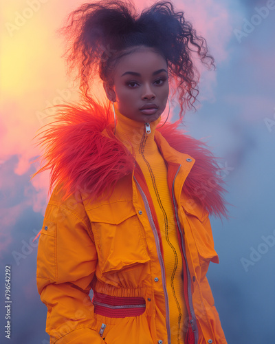 Fashionable Person in Orange Jacket with Textured Collar