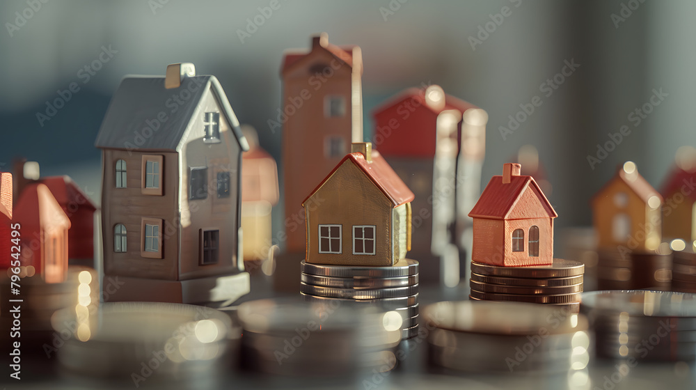 Real estate market, graph, up arrow. House model and a stack of coins. The concept of inflation, economic growth, the price of insurance services
Real estate market, graph, up arrow. House model and a stack of coins. The concept of inflation, economic growth, the price of insurance services