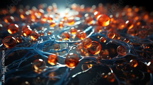 3d render of a glowing network of interconnected nodes and pathways. The nodes are orange spheres and the pathways are blue glowing lines.