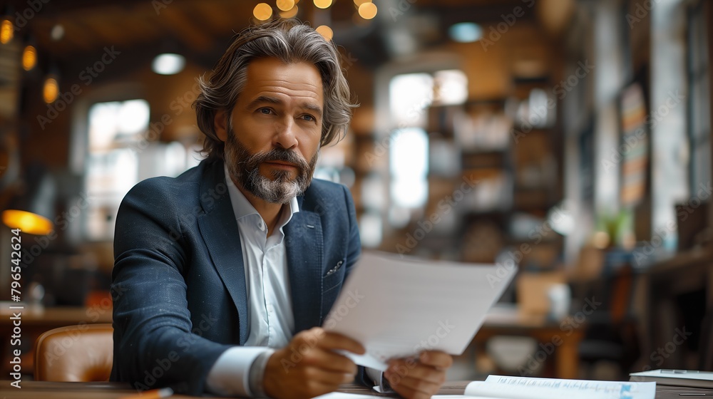 Confident businessman with beard sitting at office desk, looking at camera in portrait, holding paper Confident businessman with beard sitting at office desk, looking at camera in portrait, holding paper