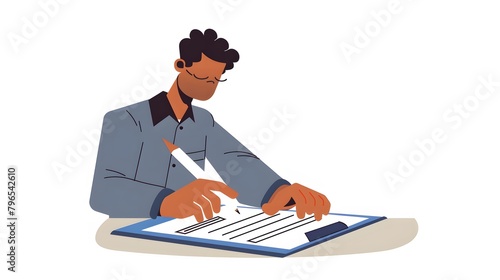 2d flat illustration of a man signing a contract on white background