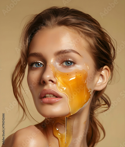 WOMAN WITH LIQUID HONEY FACE MASK BEAUTY ROUTINE SELF CARE (ID: 796542666)
