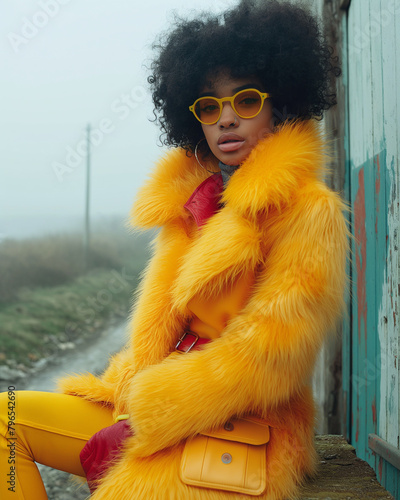 Fashion Model in Yellow Outfit Against Distressed Wall