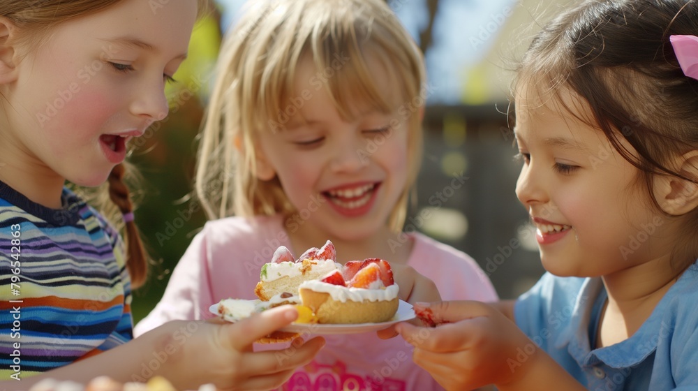 A group of children sharing a small piece of cake. A group of children sharing a small piece of cake.