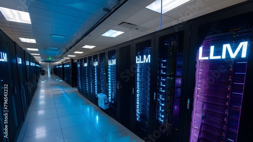 supercomputer in IT room with deep learning, LLM large language model, artificial intelligence learning