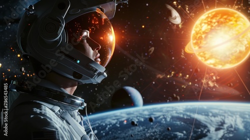 A virtual reality space walk experience with detailed views of the solar system 
