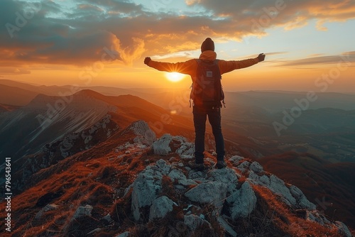 A hiker with arms outstretched faces the setting sun on a mountain summit, signifying achievement