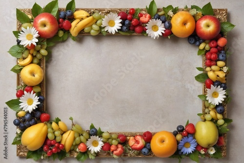 Wooden frame with fruits on a pastel background. Greeting card template for wedding, mothers or woman day. Springtime composition with copy space. © 360VP
