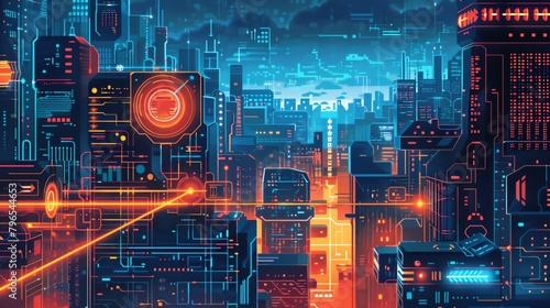 Illustrate a pixel art depiction of a cybersecurity defense system in action, showcasing a futuristic cityscape and a network of data streams being protected by digital shields, The retro-futuristic s