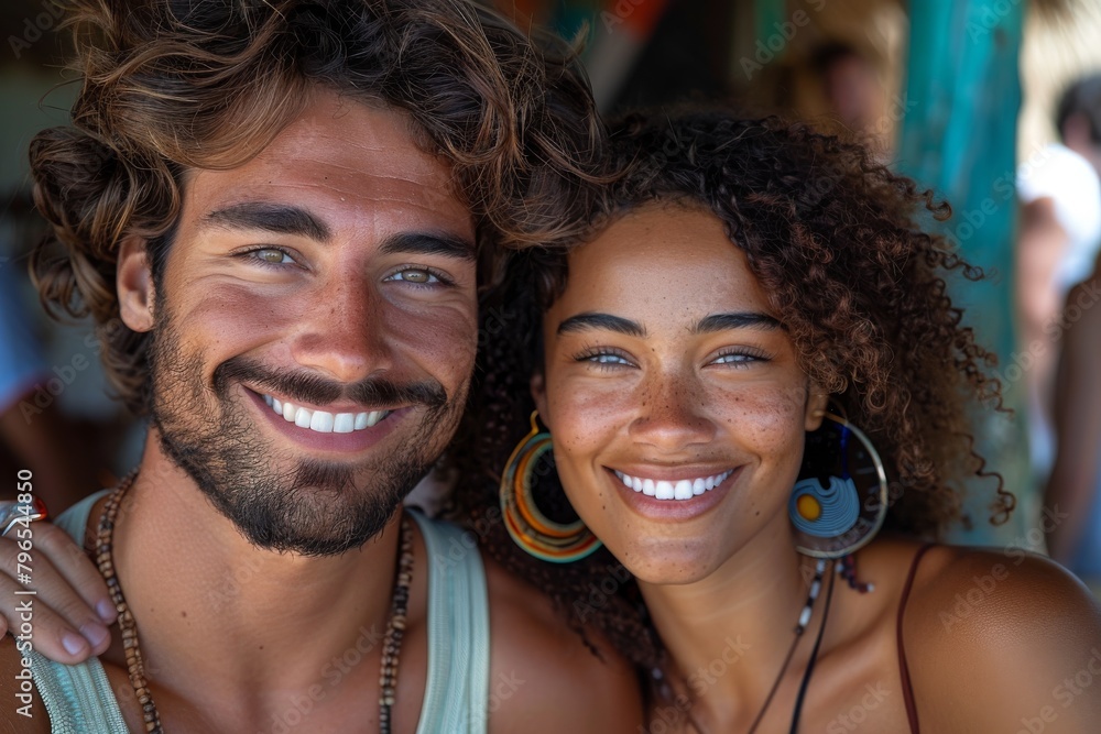 Attractive pair with bright smiles enjoying time together in a tropical location during summer Attractive pair with bright smiles enjoying time together in a tropical location during summer