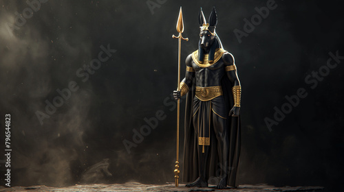 Anubis, the Egyptian god of the dead, stands in a dark and smoky room. He is holding a golden staff and wearing a black and gold loincloth.