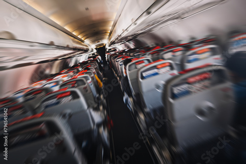 aerophobias concept. plane shakes during turbulence flying air hole. Blur image commercial plane moving fast downwards. Fear of flying. collapse slump, depression, downfall, debacle, subsidence.