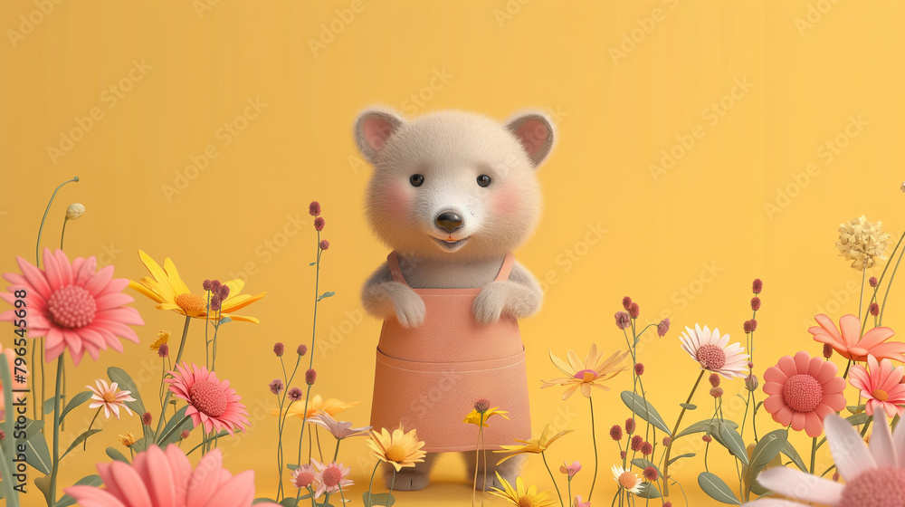 Obraz premium A cute cartoon bear in a pink apron standing in a field of flowers