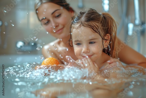 Two girls enjoy a playful bath with citrus fruits  showcasing joy and innocence