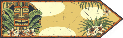 Retro featuring a tiki mask with surfboards, set against a beach backdrop, complete with palm leaves and hibiscus flowers, invoking a nostalgic surfing paradise theme. Text space
