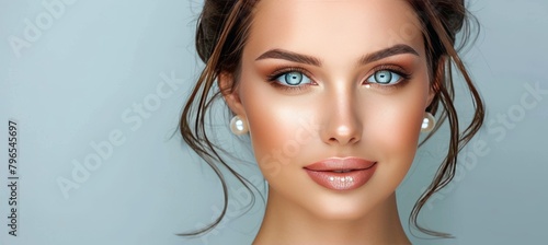 Portrait of a stylish woman with dark hair in low bun hairstyle and pearl earrings