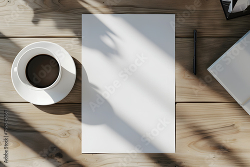 A4 paper mock up with coffee on a desk