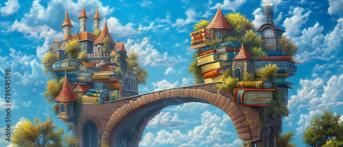 A digital painting of a fantasy castle made of books. The castle is surrounded by a moat and has a bridge leading to it. The sky is blue and there are clouds in the distance.