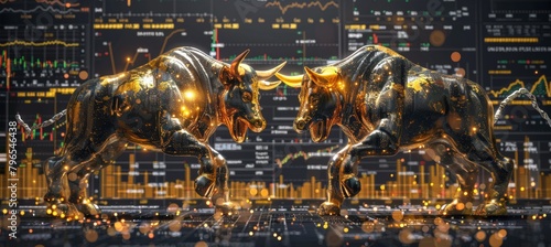 Gold and black financial infographic bull and bear stock market chart award with copy space