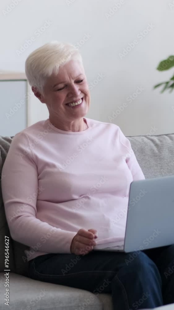 Happy mature Caucasian woman using laptop for online entertainment or chatting in internet social media and laughing at home. Vertical video. Happy mature Caucasian woman using laptop for online entertainment or chatting in internet social media and laughing at home. Vertical video.
