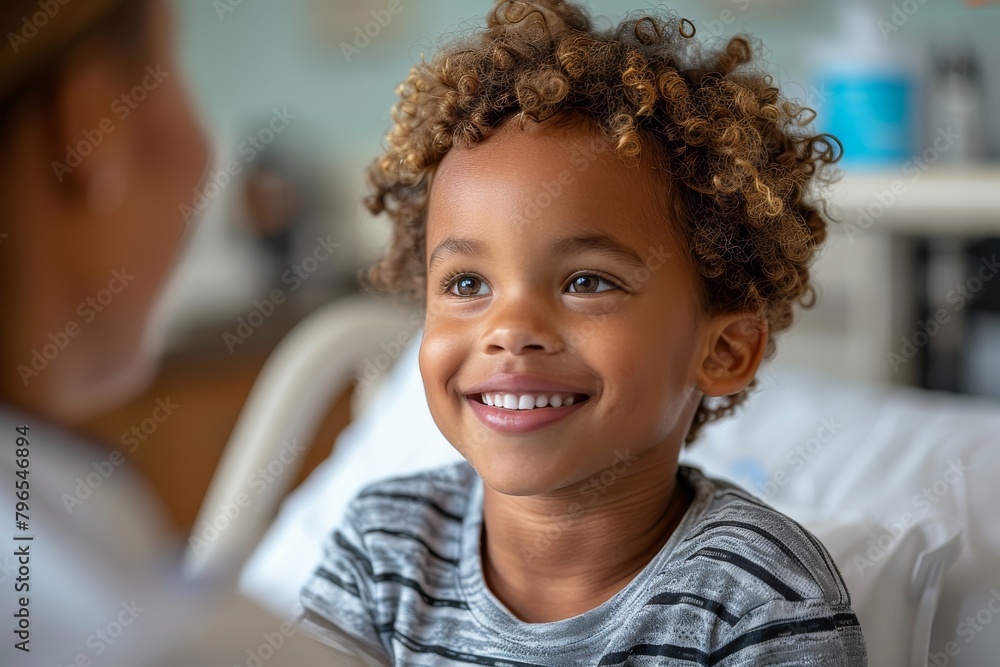 A young child smiles brightly, engaging with a healthcare professional, reflecting trust and positivity in medical settings A young child smiles brightly, engaging with a healthcare professional, reflecting trust and positivity in medical settings