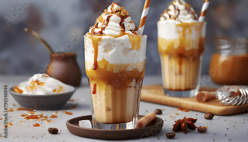 Iced caramel latte topped with whipped cream and caramel sauce, refreshing and sweet coffee