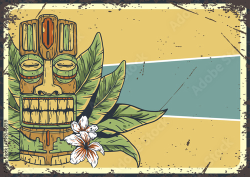 Retro-styled illustration featuring a tiki mask with tropical leaves and a surfboard, evoking the spirit of vintage beach culture and surfing enthusiasm on a textured background. Text space