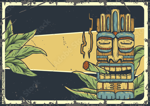 Retro-style poster featuring a polynesian tiki mask with surf and beach elements, invoking a sense of adventure and exotic culture in a tropical surfing destination. Text space