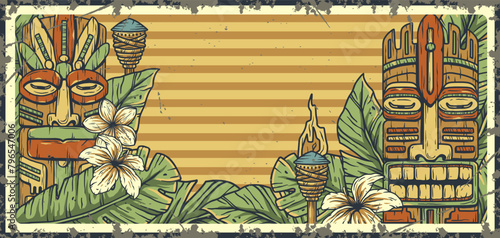 Vintage poster featuring tiki masks, tropical leaves, and surf elements, capturing the spirit of beach culture with a nostalgic, retro surf aesthetic. Text space
