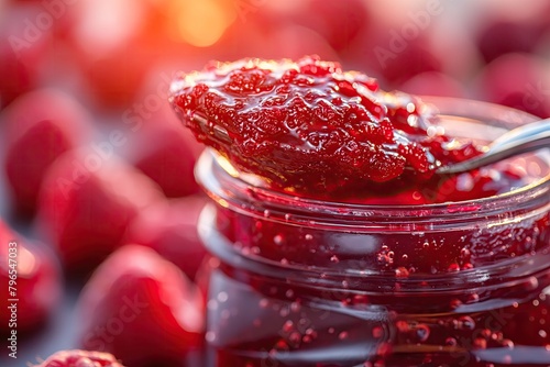 Strawberry jam. Spoon scooping homemade strawberry jam from a glass jar surrounded by fresh strawberries. © Aquir