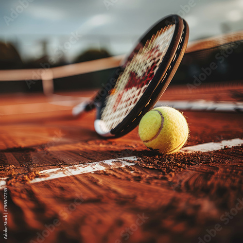 Dynamic image featuring tennis equipment against court backdrop, perfect for sports enthusiasts, AI generative.