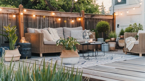 Minimalist Outdoor Patio Simple outdoor seating  potted plants  and string lights.