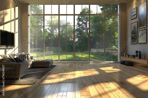 A living room in a house with a couch, television, and lots of windows overlooking a grassy lawn. The hardwood flooring adds warmth to the space