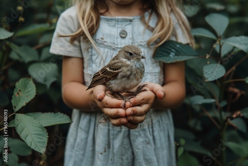 Child tenderly holding bird, representing animal welfare, compassion, and protection concept