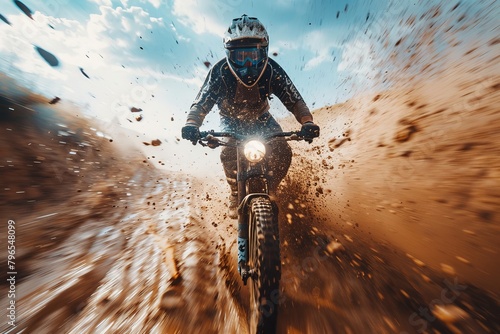 Intense image showing a motorcyclist powering through muddy terrain with mud flying, emphasizing the raw power of off-road biking photo