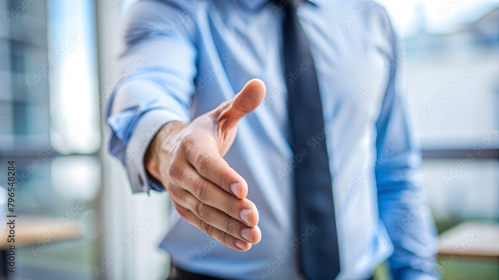 A businessman in a blue shirt and dark tie reaches out to shake hands. A businessman in a blue shirt and dark tie reaches out to shake hands.