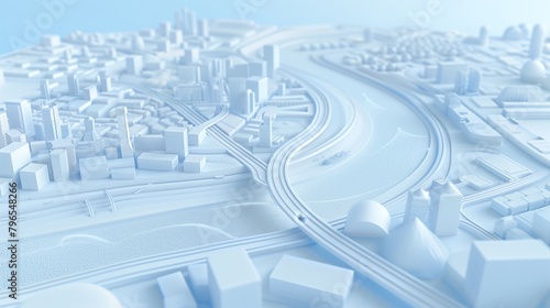 A white city model with a river and a highway