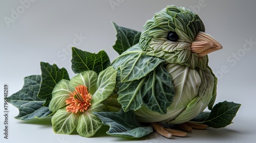 A bird made of green cabbage leaves and a flower made of cabbage leaves photo