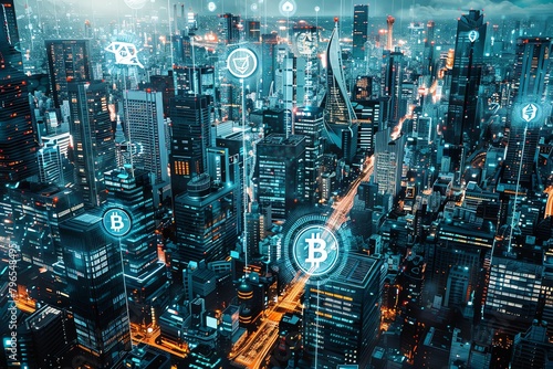Capture an aerial view of a bustling urban landscape transformed by the rise of cryptocurrency Render skyscrapers shimmering with digital currency signs, surrounded by futuristic transport, and a perv