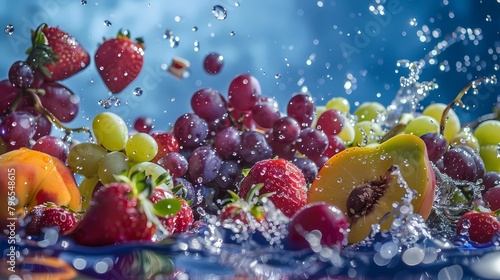 Fruits and berries in water splash  closeup. Healthy food  Generative AI illustrations.