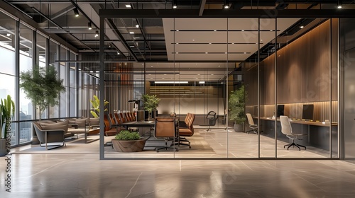 Modern office interior with glass walls, wooden furniture, and plants