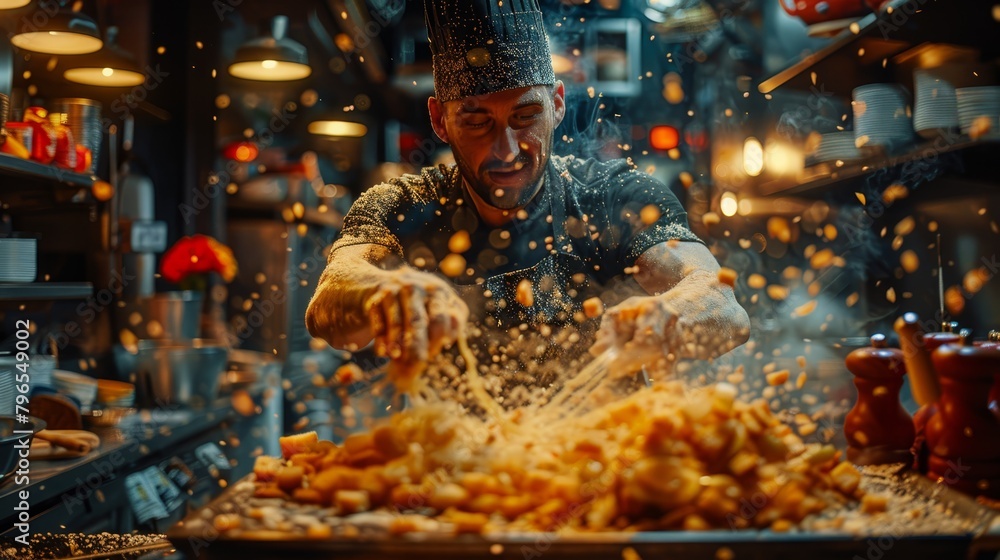   A chef tops a mound of fried dishes with grated cheese in a restaurant kitchen's hot pan